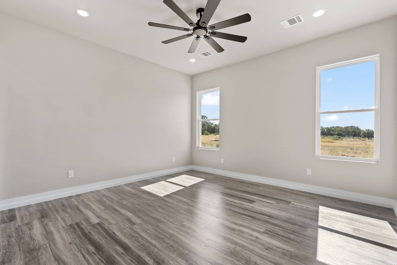 Bedroom with two tall windows and wood-look flooring at 258 Sunday Drive