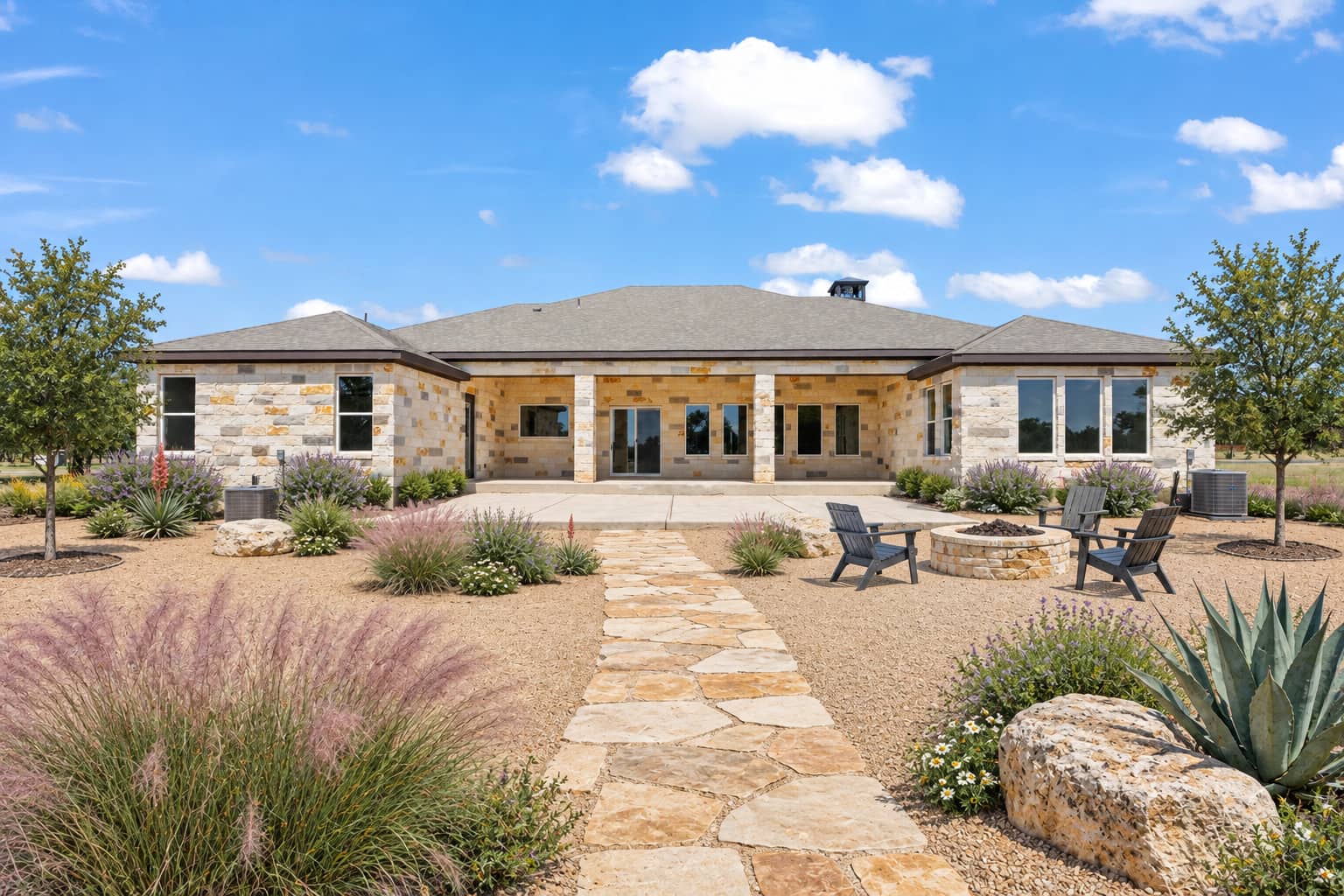 Landscaped rear exterior, stone path and fire pit at 262 Sunday Drive