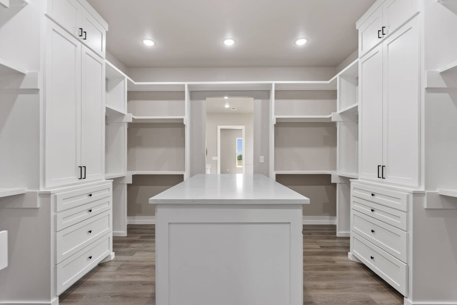 Walk-in closet with a storage island and built-in shelving at 262 Sunday Drive