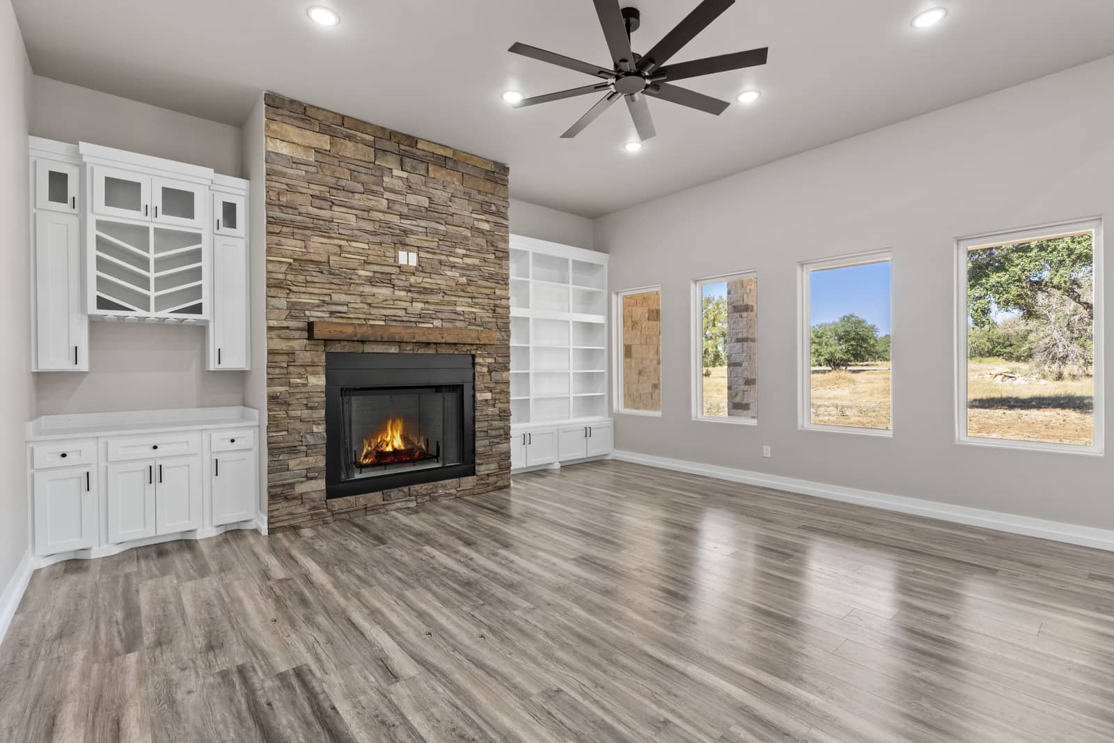 Living room fireplace and built-ins mapped to 265 Sunday Drive